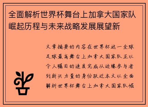 全面解析世界杯舞台上加拿大国家队崛起历程与未来战略发展展望新